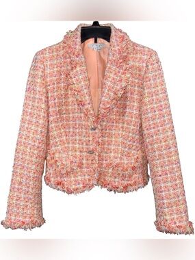 Vintage 90s ICE Tweed Blazer Jacket Fringe Pockets Lined Size 6 Clueless Preppy